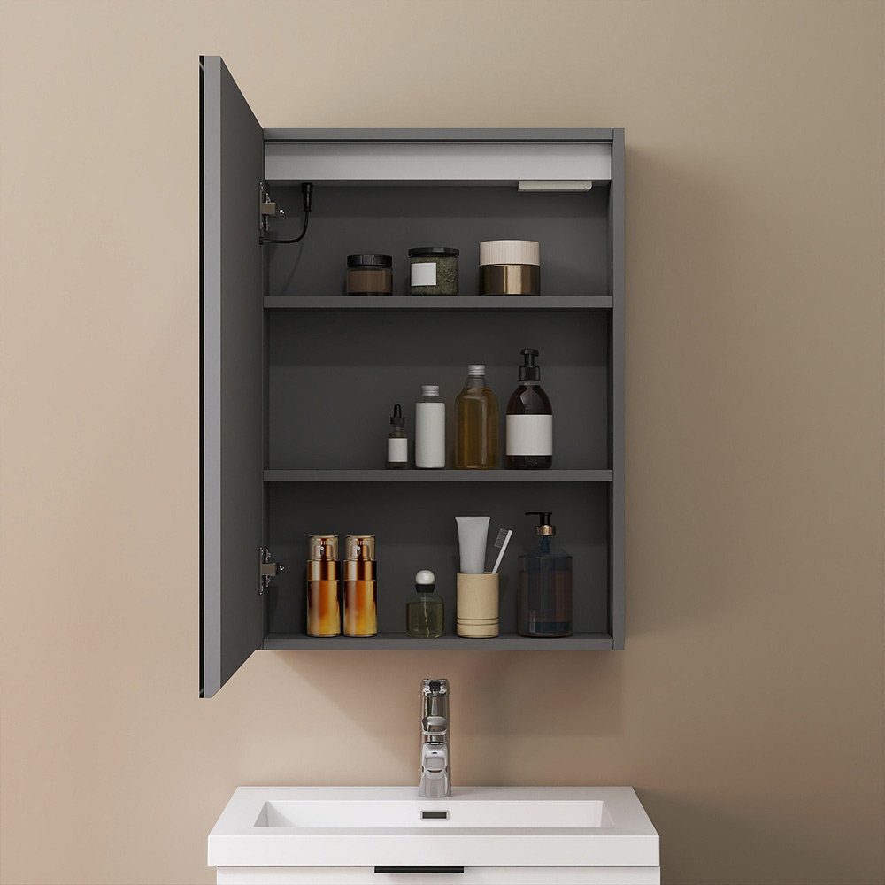 700x500mm Grey Bathroom Mirror Cabinet with Shaver Socket Dimmable Lights Demister Wall Hung IP44 Rated