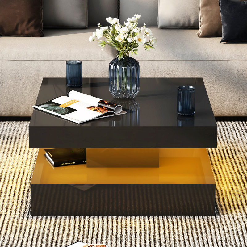 Table basse DEL avec rangement Moderne avec lumières DEL réglables, Noir lustré, H 15,7 po x L 30,7 po x l 30,7 po