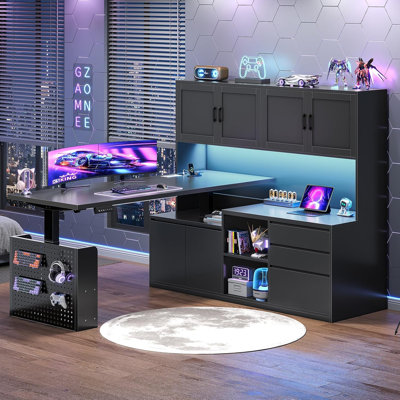 110" L-Shaped Electric Standing Desk with Hutch, Height Adjustable Computer Desk with Drawers & Storage Shelves, Power Outlet & LED Lights Pegboard for Home Office, Black