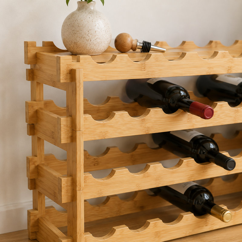 Natural Bamboo 36-Bottle 4-Tier Stackable Modular Wine Rack Tabletop Display Shelf Storage Organizer for Home Bar Kitchen Wine Cellar