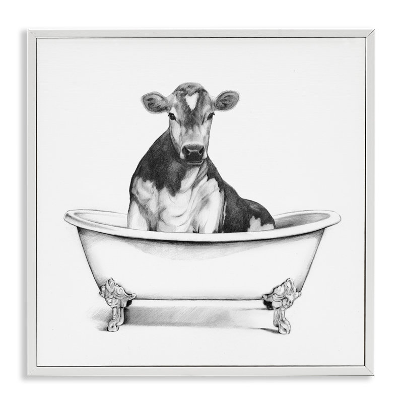 Vache dans un bac à griffes, H 17 po x l 17 po, Giclée encadrée blanc bord de mer