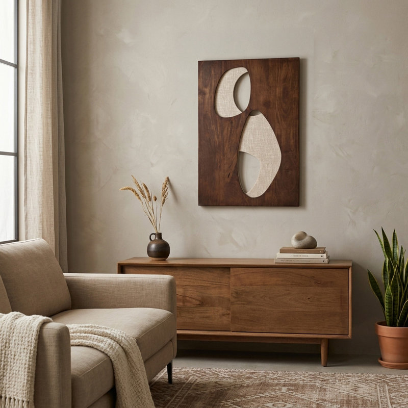 Canvas Art Fabric & Mango Wood Abstract Cutout Design Modern Casual Wall Decor For Living Room, Bedroom, Office, Or Hallway - 36" Brown, Ivory, Tan