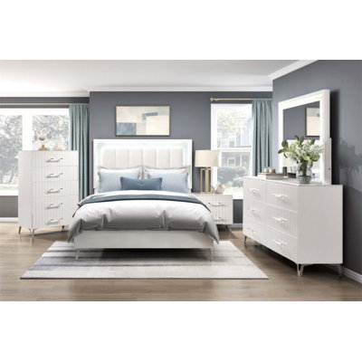 Glam Panel Bed With LED Light Upholstered Headboard, Faux Marble Top, And Chrome Metal Legs For Modern Bedrooms