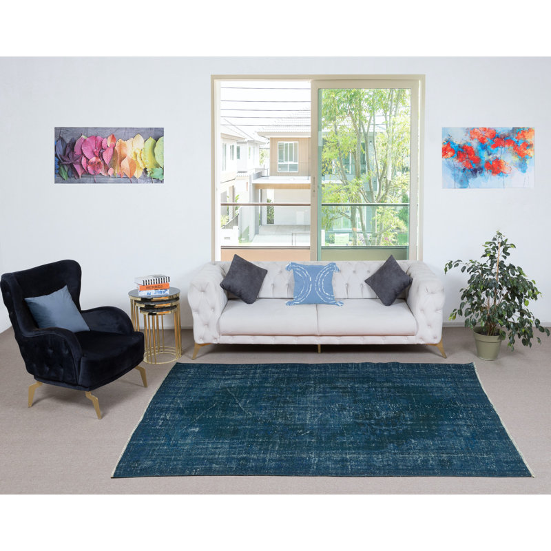 Tapis turc contemporain fait à la main de 5,7 x 9 pi avec teinture bleu marine