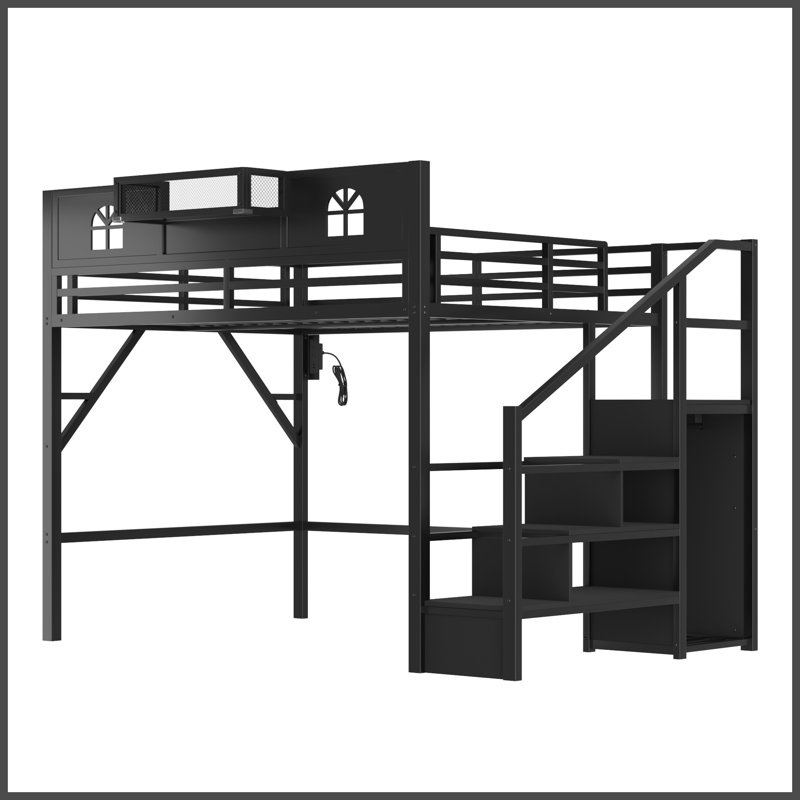 Grand lit mezzanine en métal avec escalier de rangement, garde-robe intégrée, garde-corps de sécurité, Noir