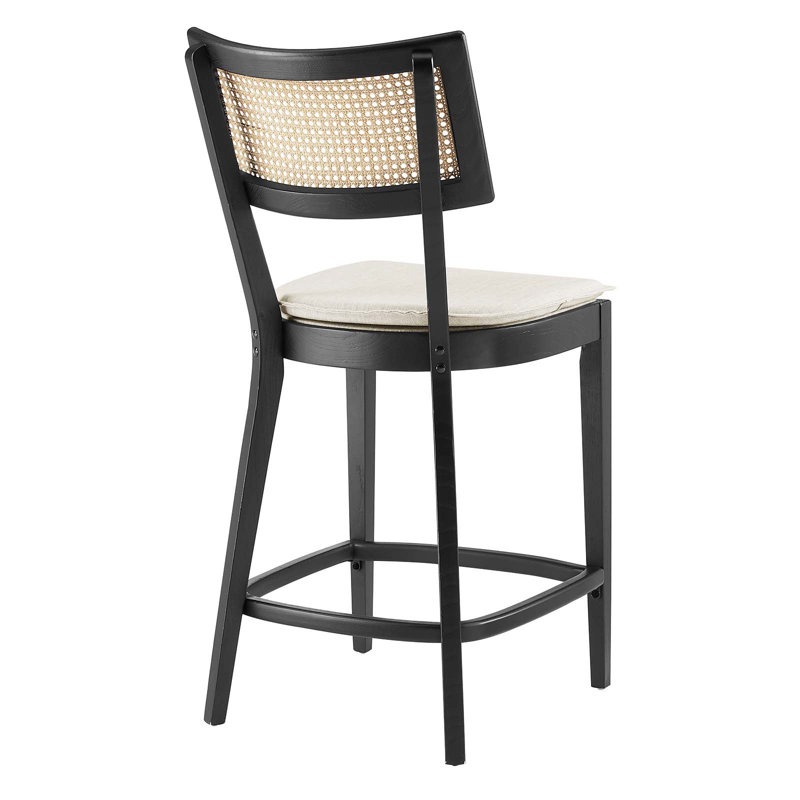 Caledonia Black and Beige Wood Counter Stools with Rattan Backrest