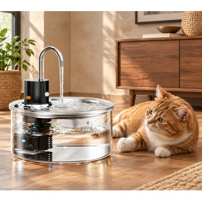 3.2L/108oz Cordless Rechargeable Glass Pet Fountain with 3 modes, motion sensing, and ultra-quiet operation for cats and small dogs.