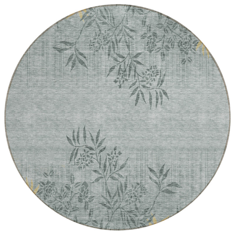 Tapis d'intérieur rond lavable floral gris anthracite et doré 8 pi
