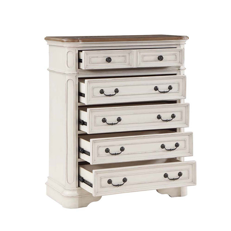 Commode 5 tiroirs Florian, finition blanc antique