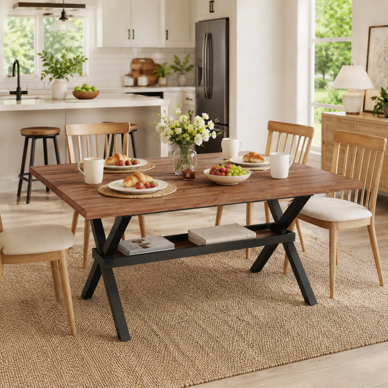  Table de salle à manger industrielle en bois aggloméré et en métal pour les rassemblements et les repas dans la salle à manger