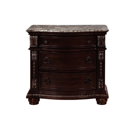 1pc Modern Bedroom Nightstand With Brown Dark Cherry Finish, Three Drawers, Marble Top And - Tipping Kit Traditional Style Curved Silhouette