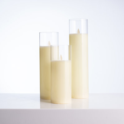 Grandes bougies colonne en verre crème sans flamme DEL avec télécommande - ensemble de 3
