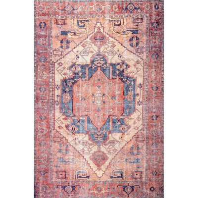 Tapis rouge / orange tissé à la machine à motif médaillon performance Alfonso