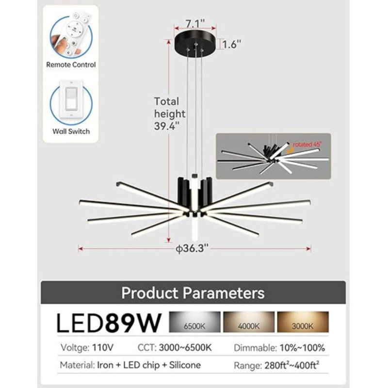 Lustre moderne à DEL, luminaire Spoutnik noir à intensité variable avec télécommande, luminaire suspendu moderne pour la salle à manger, la cuisine, le salon, l'entrée