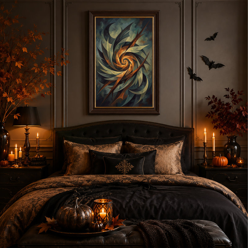 Toile murale d'Halloween avec motif abstrait en spirale tourbillonnante dans des tons oranges chauds, 18"H x 12"W