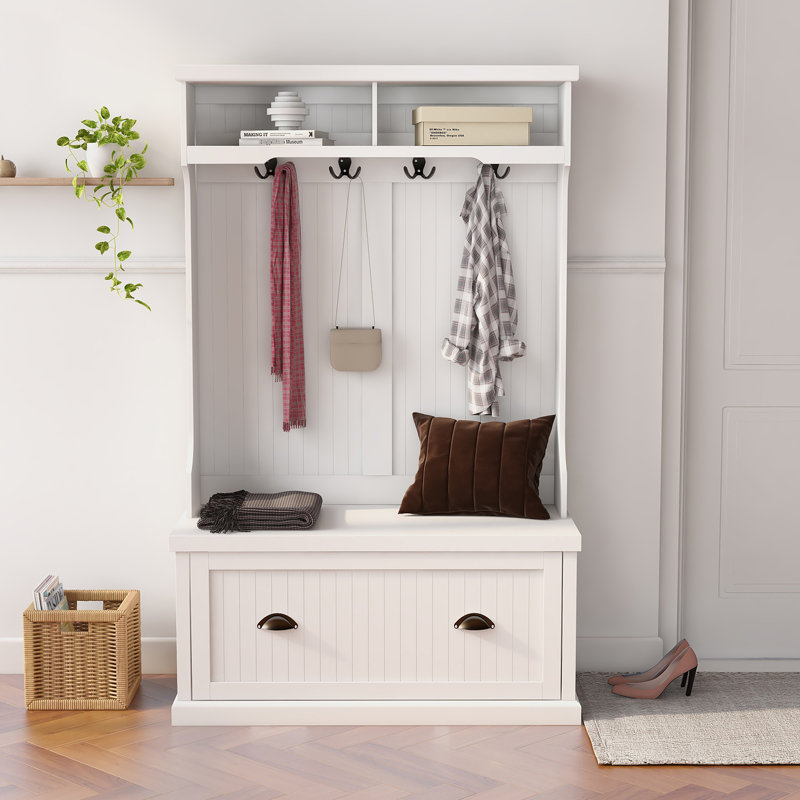 Arbre d'entrée avec 4 crochets et armoire à chaussures, banc de rangement blanc - fabrication d'un portemanteau