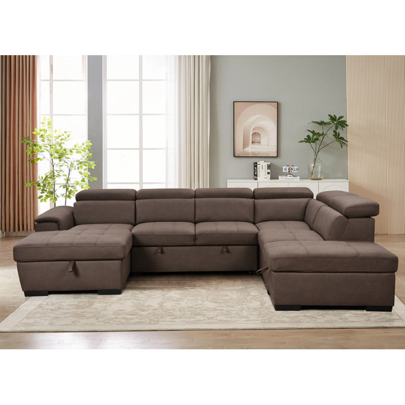 Narender 127.5''  U Shape Firm Sectional Sleeper Sofa Flared Arms Sectional Sofa with Pull Out Bed ,Adjustable Headrest and Ottoman