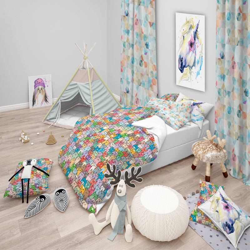 Colorful Funny Cats Pattern Kids Queen Duvet Cover Set
