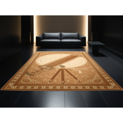 Tapis oriental brun doux et moelleux à motif de télescope classique Constellation View