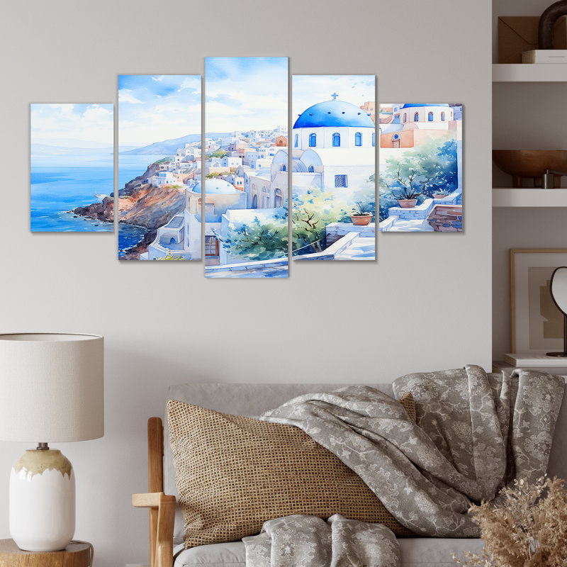 Ensemble d'art mural bleu et blanc Santorini Village II - Grèce