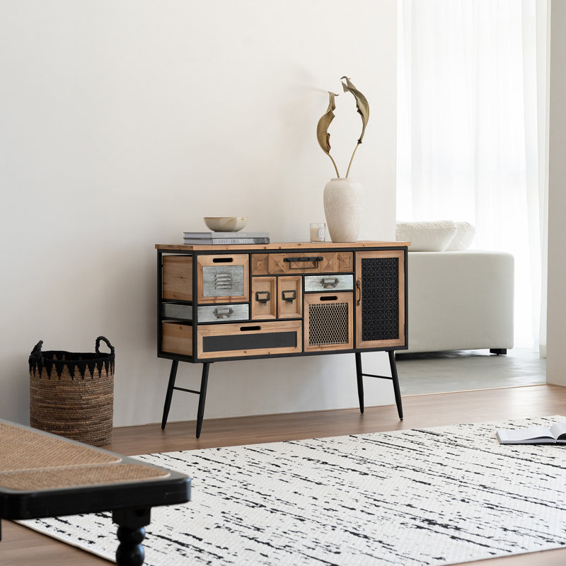 Industrial Modern Console Cabinet, Multi-Drawer Storage Sideboard with Metal Legs, Natural Wood and Black