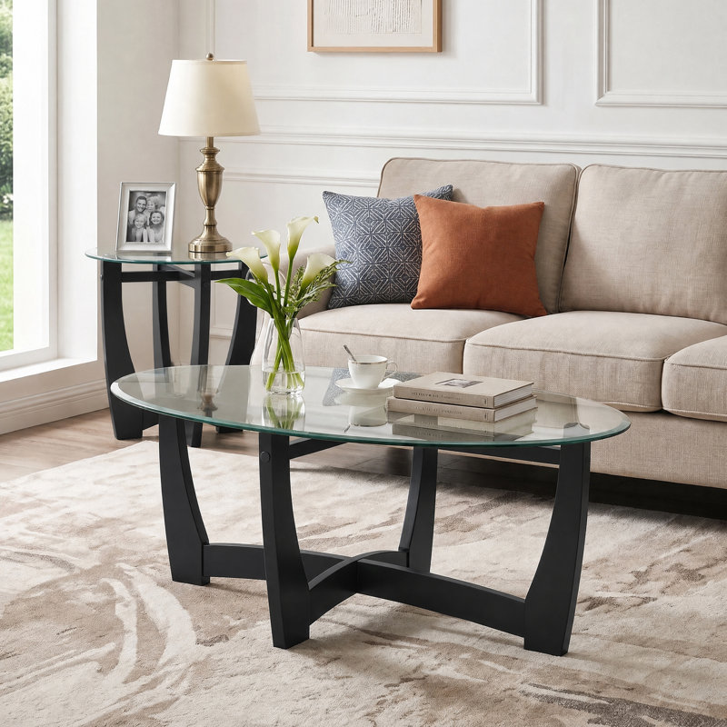 Table basse ronde en verre 23,5 po avec base en bois noir pour le salon et le bureau, Plateau transparent / base noire