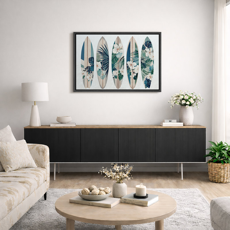 Illustration de planche de surf tropicales, chambre à coucher de plage côtière, impression sur toile encadrée, Cadre noir