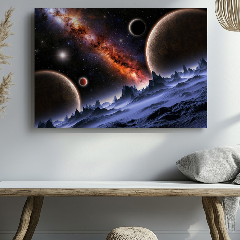 Toile dans un tableau cosmique à couper le souffle, une vaste étendue d'art mural se déploie, mettant en valeur un tableau vibrant de couleurs et d'art mural sur toile complexe