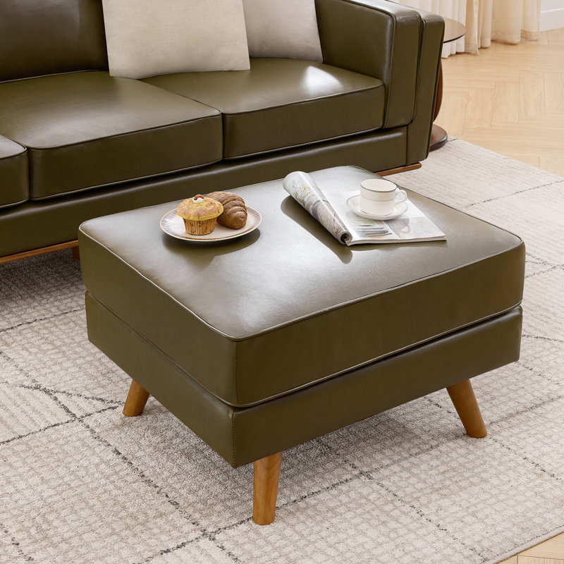 Repose-pieds rembourré de style Mid-Century de 29,7 po de largeur, repose-pieds en similicuir avec pieds en bois massif, tabouret de table basse pour le salon, la chambre à coucher et le vestibule