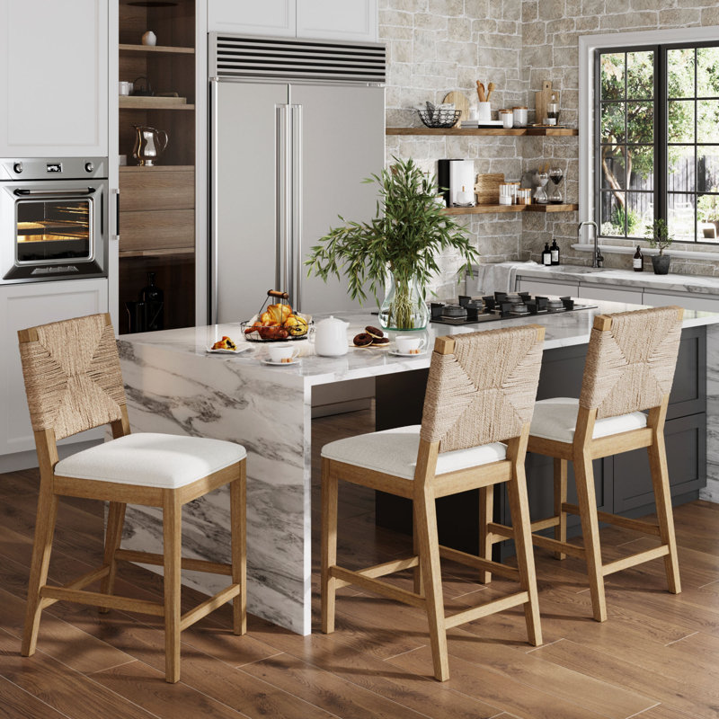 Beacon Bohemian Seagrass and Boucle Counter Height Bar Stools, Set of 4