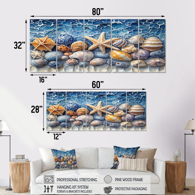 «Coastal Seashells In Blue and White Tones I», ensemble d'art sur toile coquillage, H 32 po x l 80 po