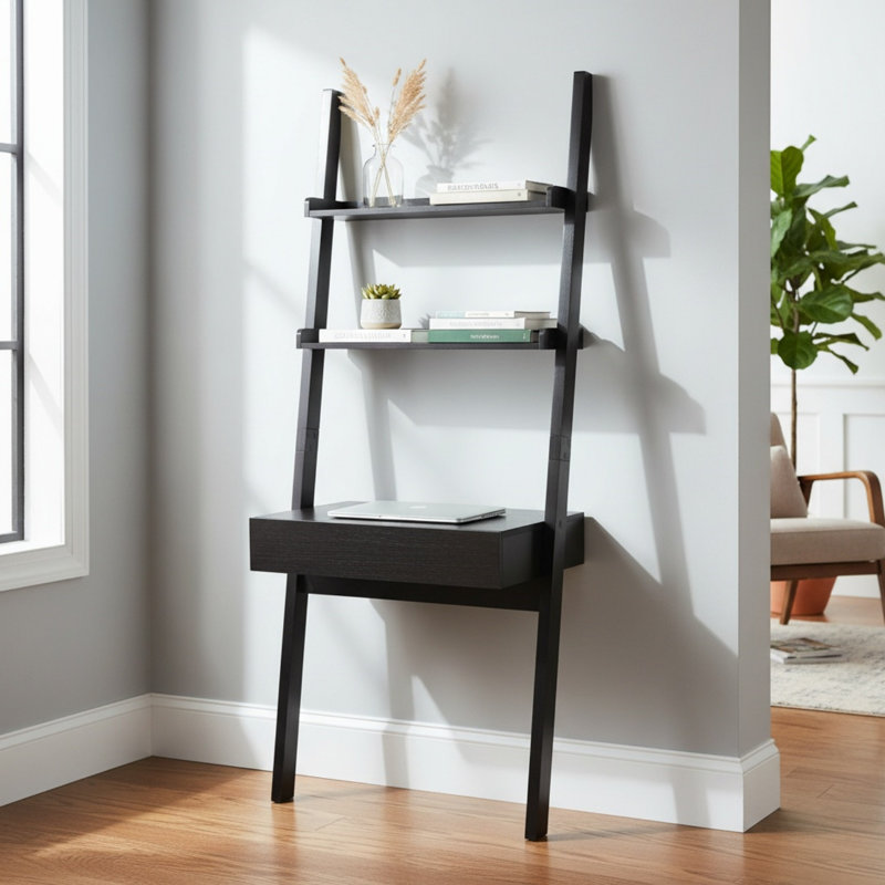 Bureau de bureau moderne avec échelle pour bibliothèque, table d'écriture pour ordinateur avec tiroir de rangement et 2 tablettes, poste de travail sans poignée