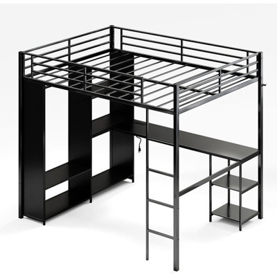 Metal Queen Loft Bed with Desk & Storage, Heavy Duty Bedframe with Wardrobe & Ladder