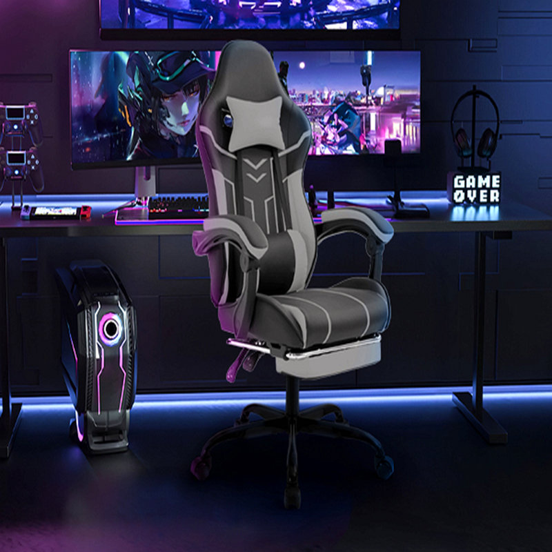 Chaise de jeu noire et grise, chaise d'ordinateur ergonomique, avec repose-pieds, chaise de bureau ergonomique avec dossier lombaire