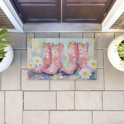  Two Pair Pink Cowgirl Boots Non Slip Quick Dry Door Mat Recycled Cushioned, 18"x30"