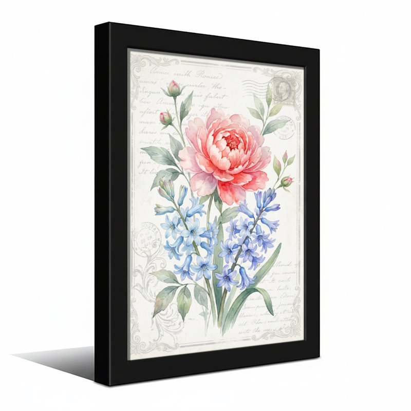 Bouquet de plantes et de fleurs avec rose rose et fleurs bleues, H 24 po x l 16 po, Toile tendue, Ne s’applique pas
