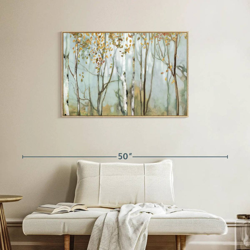 Bouleau dans le brouillard II, Cadre flottant en bois naturel, 37 po x 25 po