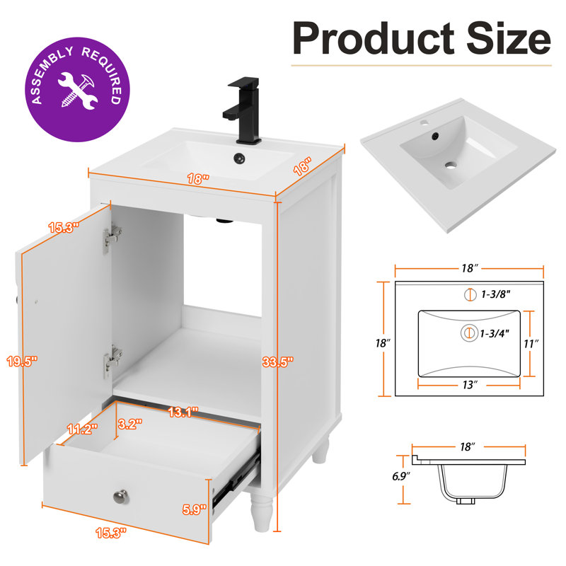  Petit meuble-lavabo simple 18 po avec lavabo en céramique, robinet et rebord ondulé décoratif, Blanc