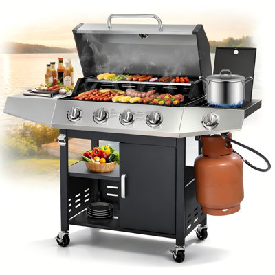 Stainless Steel 4-Burner Propane Gas Grill with 10,000 BTU Side Burner, 50,000 BTU Outdoor BBQ Grill with 474 Sq. In. Cooking Area, Thermometer, Storage Cabinet & Wheels