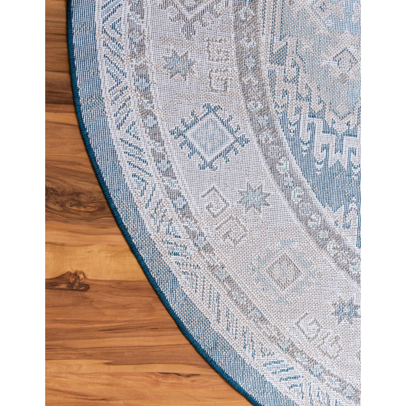 Tapis bleu à motif géométrique Dota, Rond 8 pi