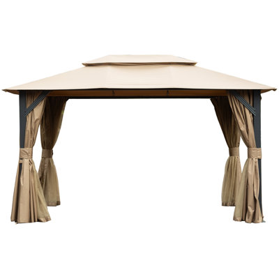 Pavillon de jardin d'extérieur 10 pi x 13 pi pour patio, pavillon de jardin en métal à toit souple avec double toit, tente de réception robuste avec moustiquaire et rideaux d'intimité pour la terrasse de jardin (brun)