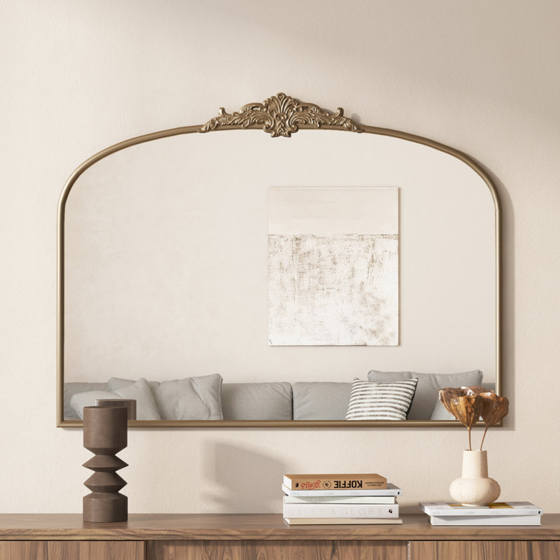 Vintage Arched Gold Mirror: 40"X30" Arched Antique Brass Mirror With Full Metal Frame Baroque Traditional Ornate For Entryway,Fireplace, Living Room, Hallway