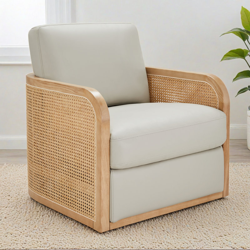 Juliette Faux Leather Natural Cane Swivel Barrel Chair, Pebble Grey Vegan Leather