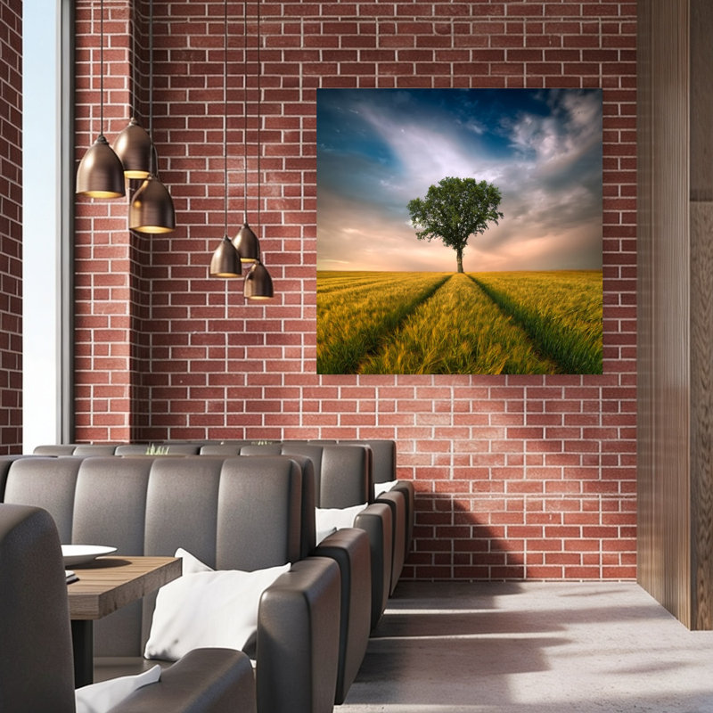 Golden Field Solitary Tree Dramatic Peaceful Serene Landscape Nature Wall Art Print 1 Piece Wrapped Canvas Wall Art