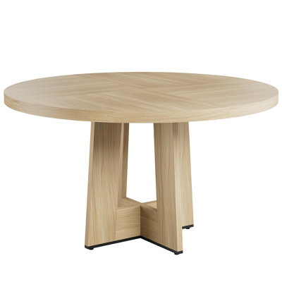 47" Round Dining Table for 4-6 People - Kitchen Dinner Table with Thickened Edge & Sturdy Pedestal Base, for Kitchen, and Living Rooms, Natural Wood