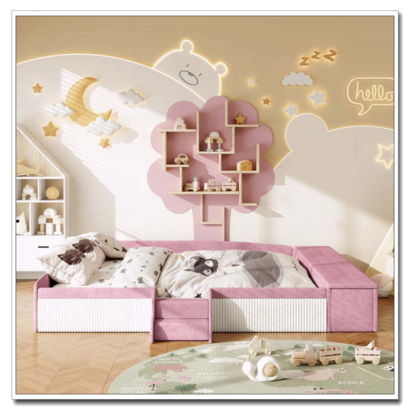 Velvet Upholstered Daybed with Stairs, Gas Lift Storage Ottoman, King, Pink+White