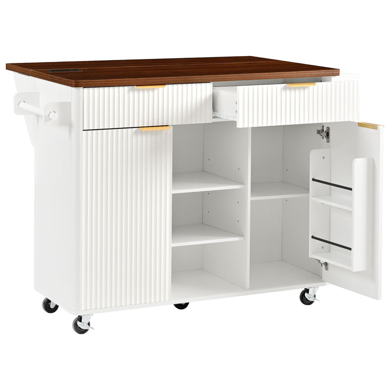 Îlot de cuisine cannelé de 52 po avec abattant, Bois massif et bois manufacturé, Blanc