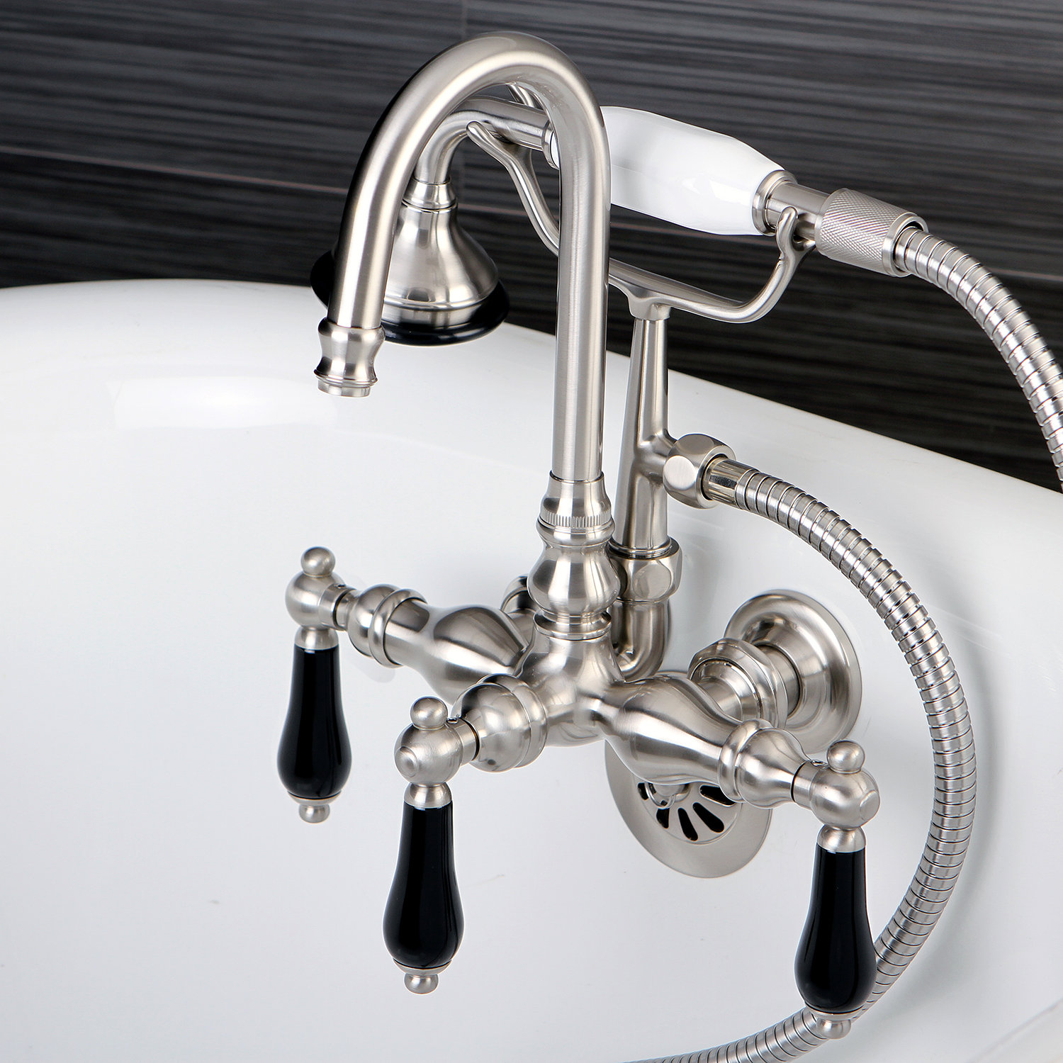 Kingston Brass Duchess Three-Handle 2-Hole Tub Wall Mount Clawfoot Tub Faucet with Hand Shower, Brushed Nickel