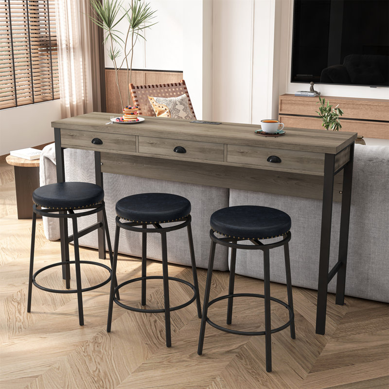 Long Dining Table Set With Power Outlets, Bar Kitchen Table Set With Circular Stools, Easy Assemble, Brown Gray Table+black Stool