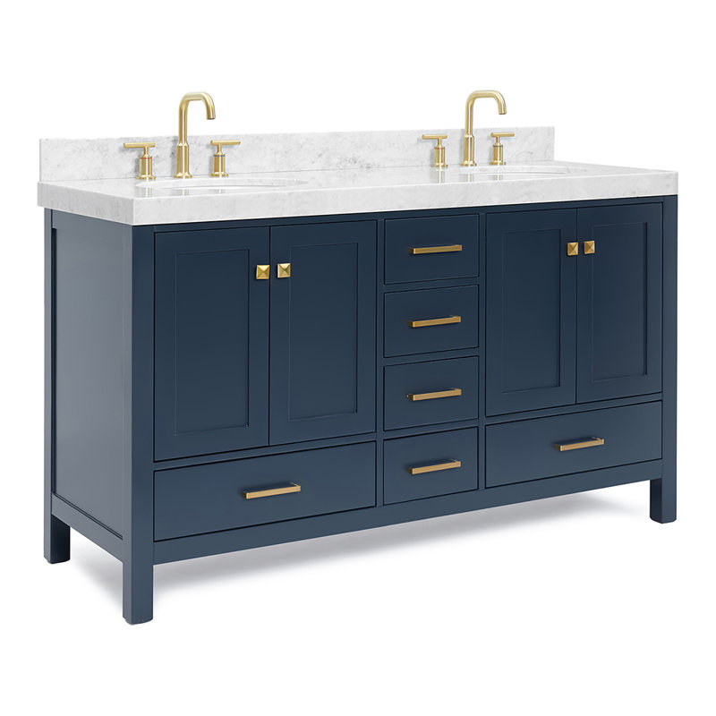 Meuble-lavabo double 60 po Cambridge, Bleu minuit, Laiton satiné